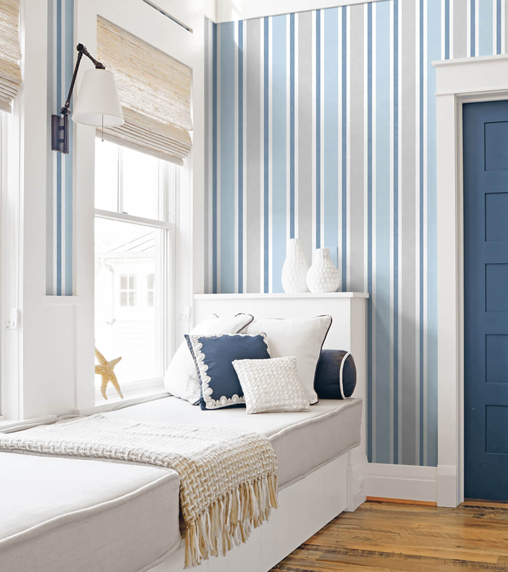 Linen Cut Stripe Bluebird & Carrara by NextWall Peel & Stick Satin Vinyl Stripe Wallpaper – NextWall NW37002
