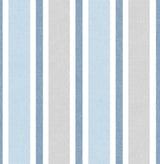 Linen Cut Stripe peel and stick wallpaper in Bluebird & Carrara with alternating blue and neutral vertical stripes
