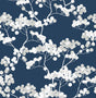 Cyprus Blossom peel and stick wallpaper with gray-white blossoms and branches on a navy blue background