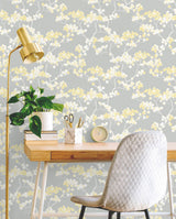 Cyprus Blossom Buttercup & Gray by NextWall Peel & Stick Floral Vinyl Wallpaper – NextWall NW37203