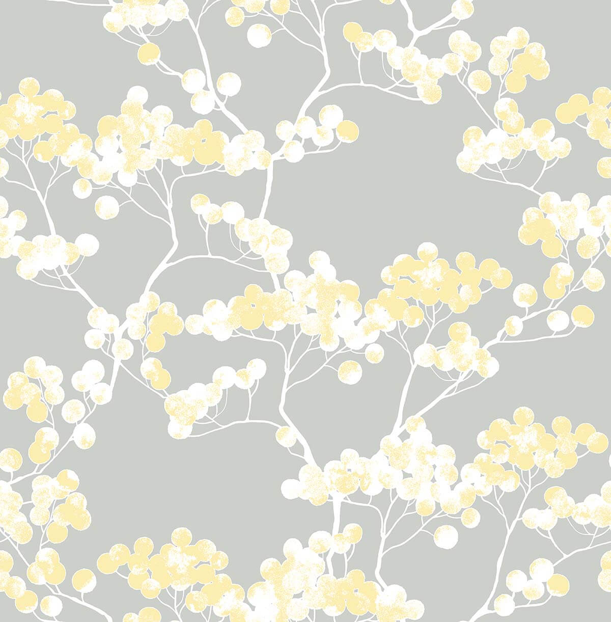 Cyprus Blossom peel and stick wallpaper in buttercup yellow and white blossoms on a gray ground