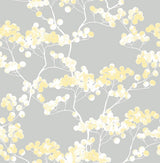 Cyprus Blossom peel and stick wallpaper in buttercup yellow and white blossoms on a gray ground