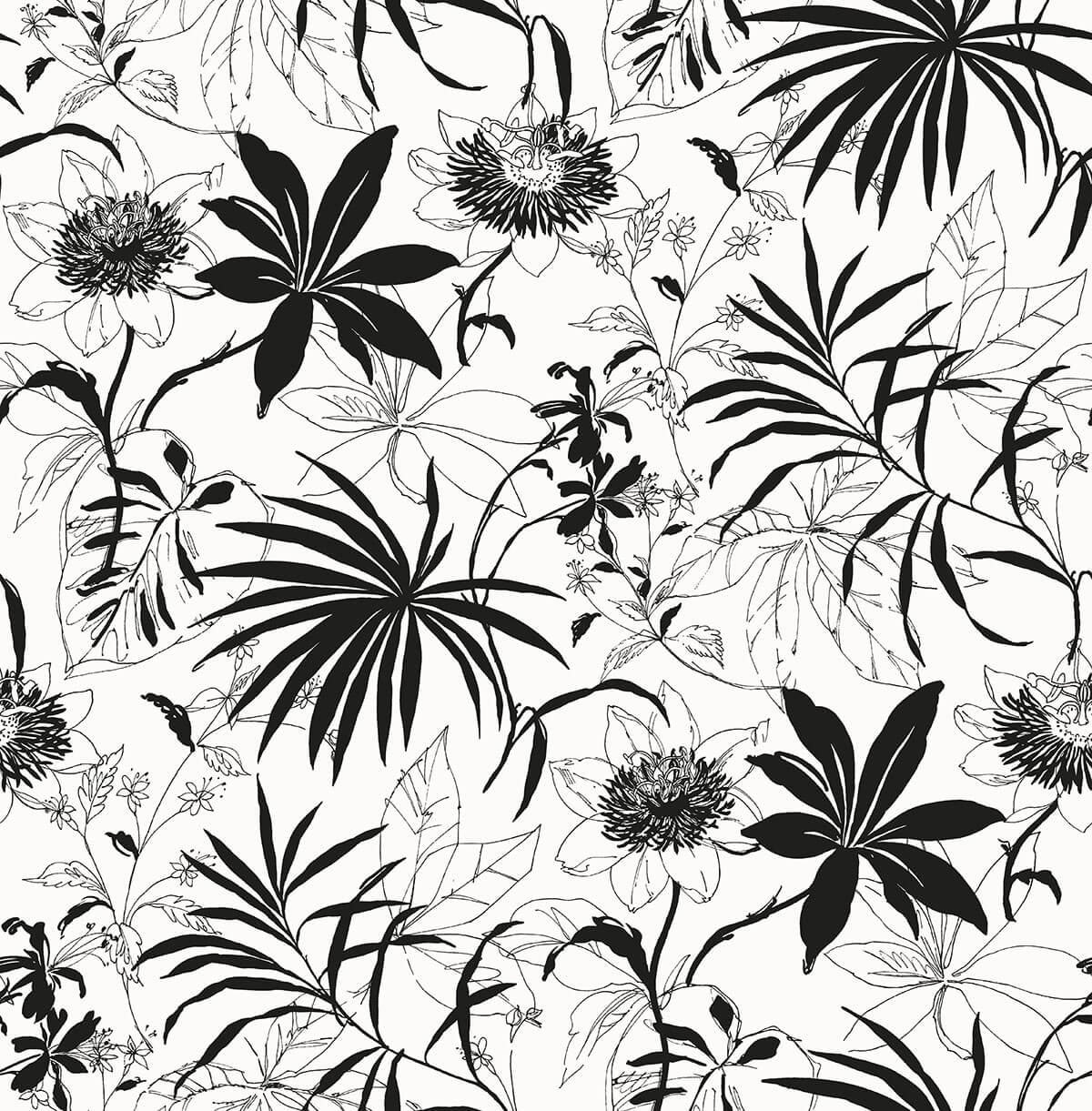 Black and white tropical botanical line art peel and stick wallpaper with oversized leaves and flowers.