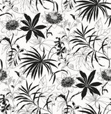 Black and white tropical botanical line art peel and stick wallpaper with oversized leaves and flowers.