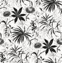 Black and white tropical botanical line art peel and stick wallpaper with oversized leaves and flowers.