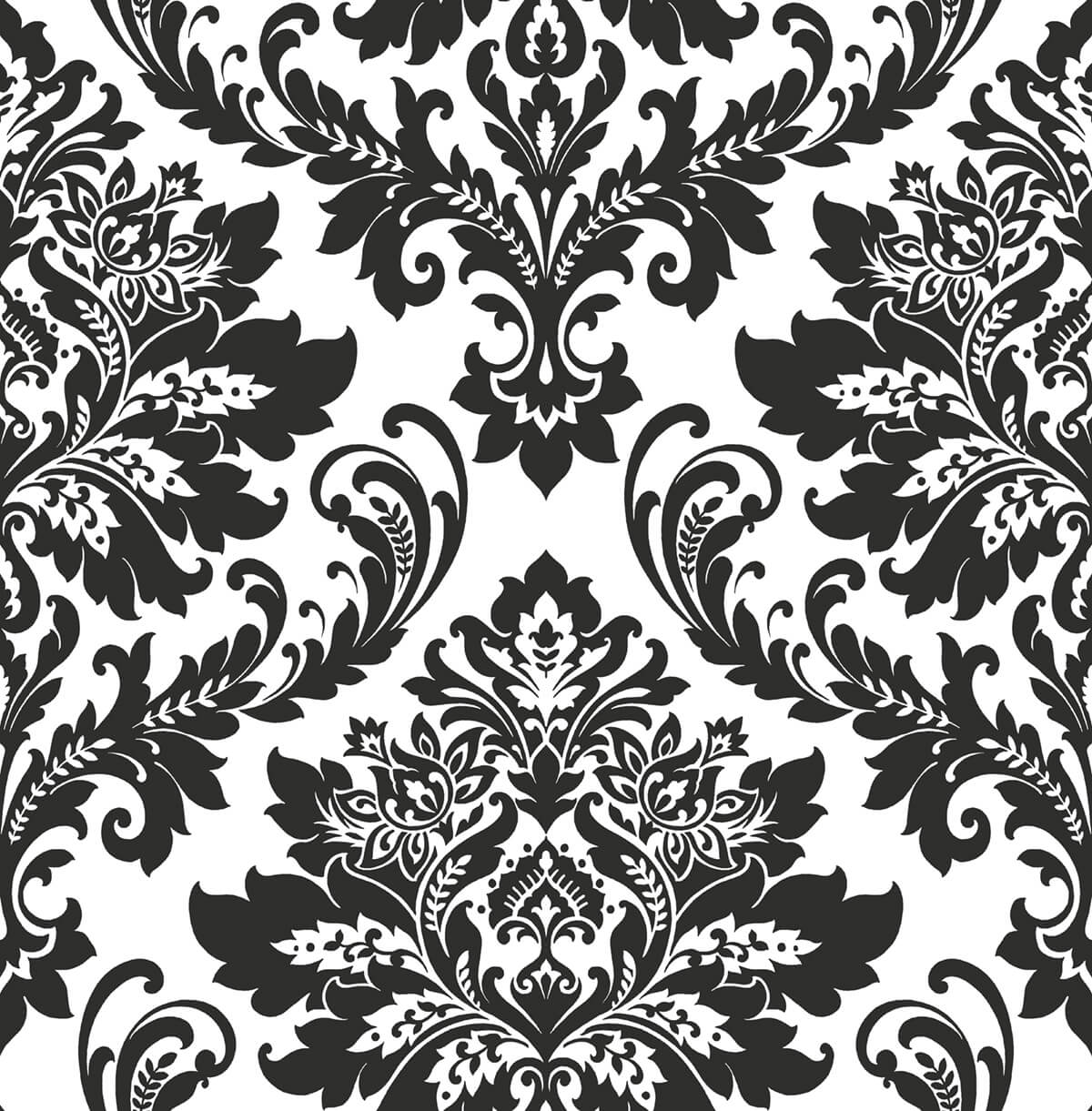 Black and white damask peel and stick wallpaper pattern