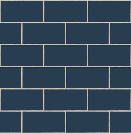 Navy blue subway tile peel and stick wallpaper with light grout lines