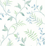 Watercolor Leaf Trail peel and stick wallpaper in Sea Glass with soft blue and green watercolor vines on a light ground.
