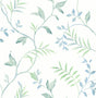 Watercolor Leaf Trail peel and stick wallpaper in Sea Glass with soft blue and green watercolor vines on a light ground.