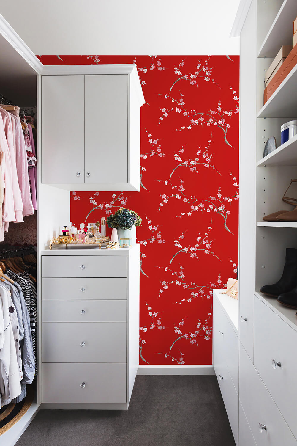 Cherry Blossom Floral Scarlet & Petal Pink by NextWall Peel & Stick Floral Wallpaper – NextWall NW38301
