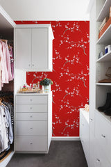 Cherry Blossom Floral Scarlet & Petal Pink by NextWall Peel & Stick Floral Wallpaper – NextWall NW38301