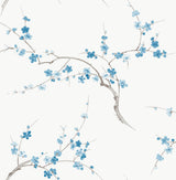 Pacific blue cherry blossom branches on a white background peel and stick wallpaper