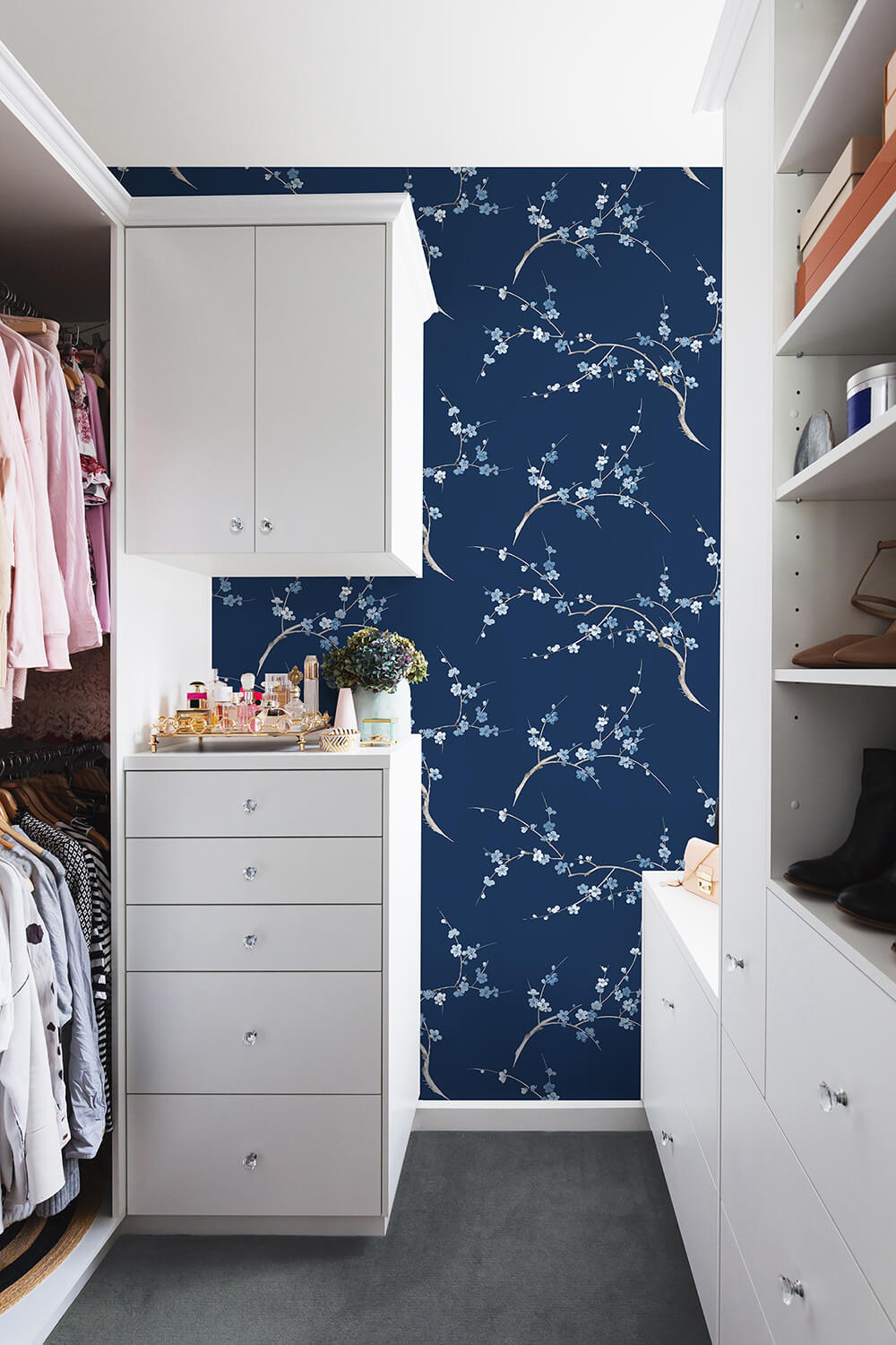 Cherry Blossom Floral Navy & Blue Jay by NextWall Peel & Stick Floral Peel & Stick Wallpaper – NextWall NW38312
