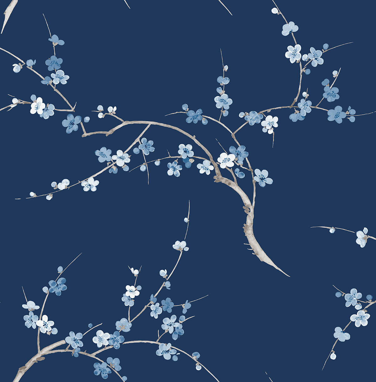 Navy peel and stick wallpaper with blue cherry blossom branches pattern