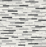 Faux mosaic strip tile peel and stick wallpaper in wrought iron and gray tones