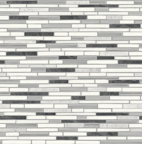 Faux mosaic strip tile peel and stick wallpaper in wrought iron and gray tones