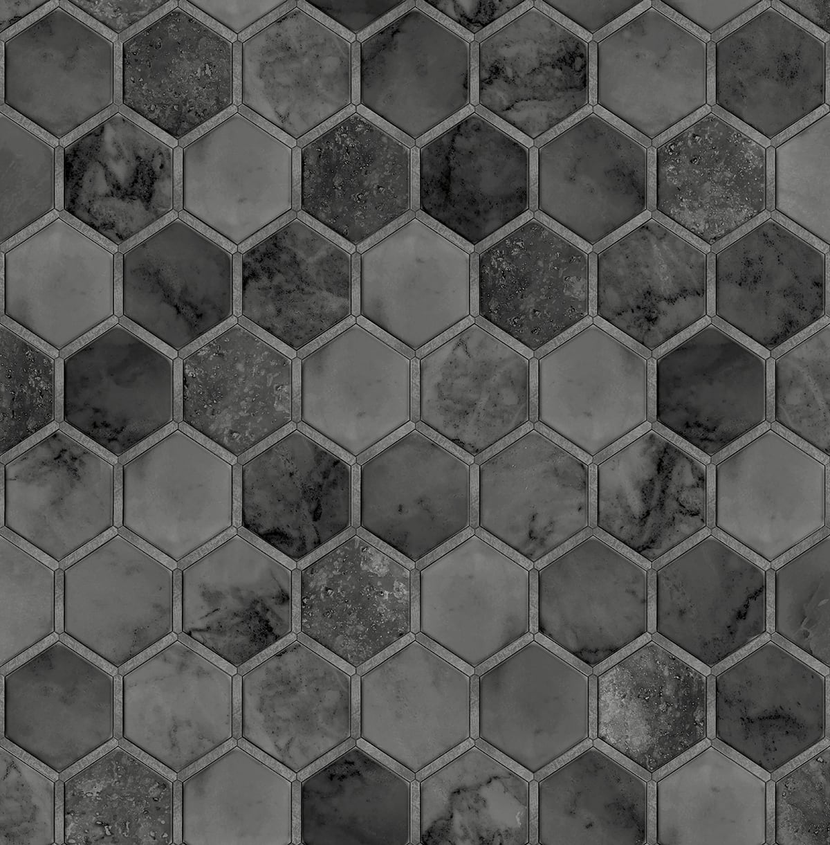Dark hexagon tile peel and stick wallpaper in cosmic black with metallic silver accents