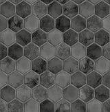 Dark hexagon tile peel and stick wallpaper in cosmic black with metallic silver accents
