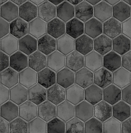 Dark hexagon tile peel and stick wallpaper in cosmic black with metallic silver accents