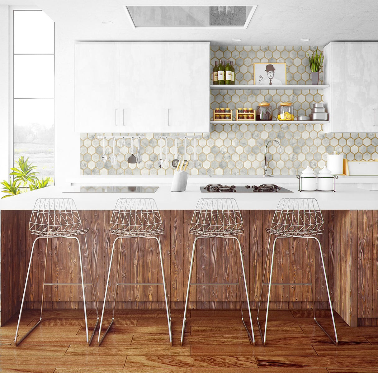 Inlay Hexagon Alaska Grey & Metallic Gold by NextWall Peel & Stick Hexagon Tile Wallpaper – NextWall NW38605