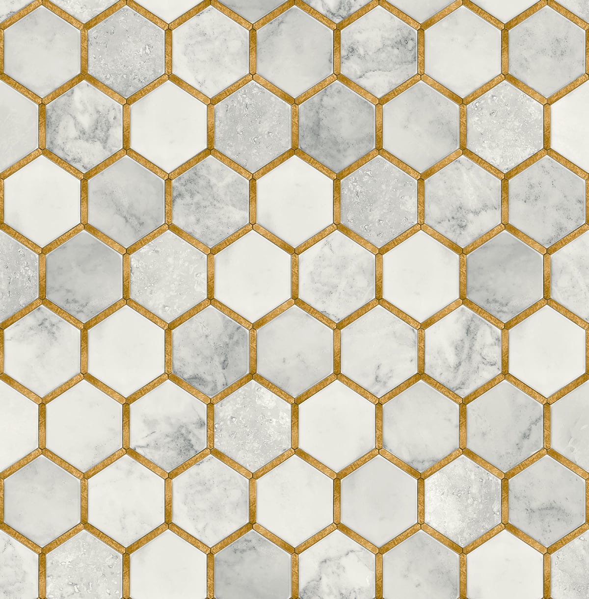 Inlay Hexagon peel and stick wallpaper in Alaska Grey and Metallic Gold with a hexagon tile look.