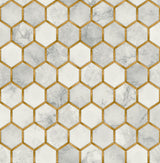 Inlay Hexagon peel and stick wallpaper in Alaska Grey and Metallic Gold with a hexagon tile look.