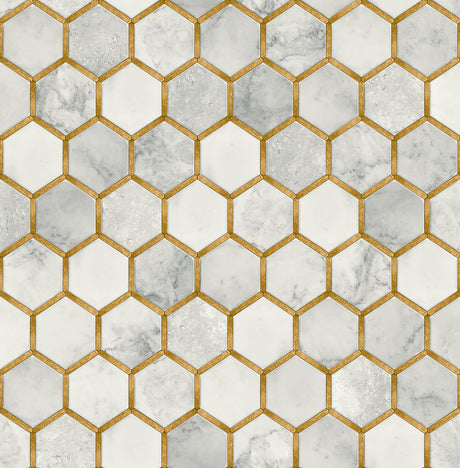 Inlay Hexagon peel and stick wallpaper in Alaska Grey and Metallic Gold with a hexagon tile look.