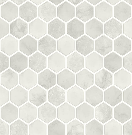 Inlay Hexagon peel and stick wallpaper in cream and light gray hexagon tile pattern