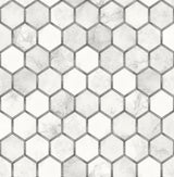 Hexagon tile peel and stick wallpaper in white and grey with metallic silver inlay effect