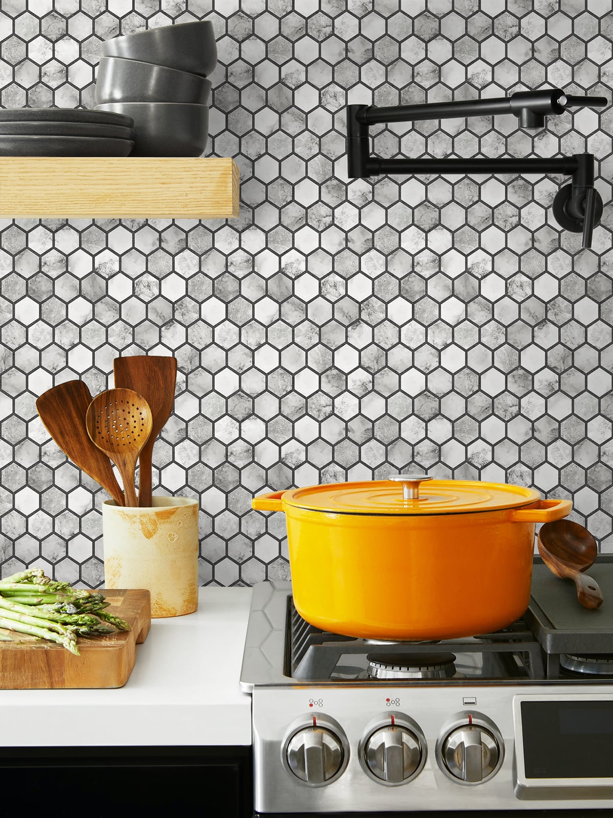 Marble Hexagon Carrara & Wrought Iron by NextWall Peel & Stick Hexagon Tile Peel & Stick Wallpaper – NextWall NW38700
