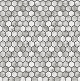 Marble Hexagon peel and stick wallpaper in grey and white Carrara marble look with wrought iron hexagon outlines.