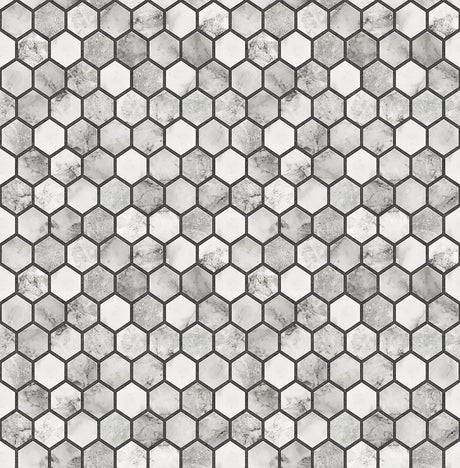 Marble Hexagon peel and stick wallpaper in grey and white Carrara marble look with wrought iron hexagon outlines.