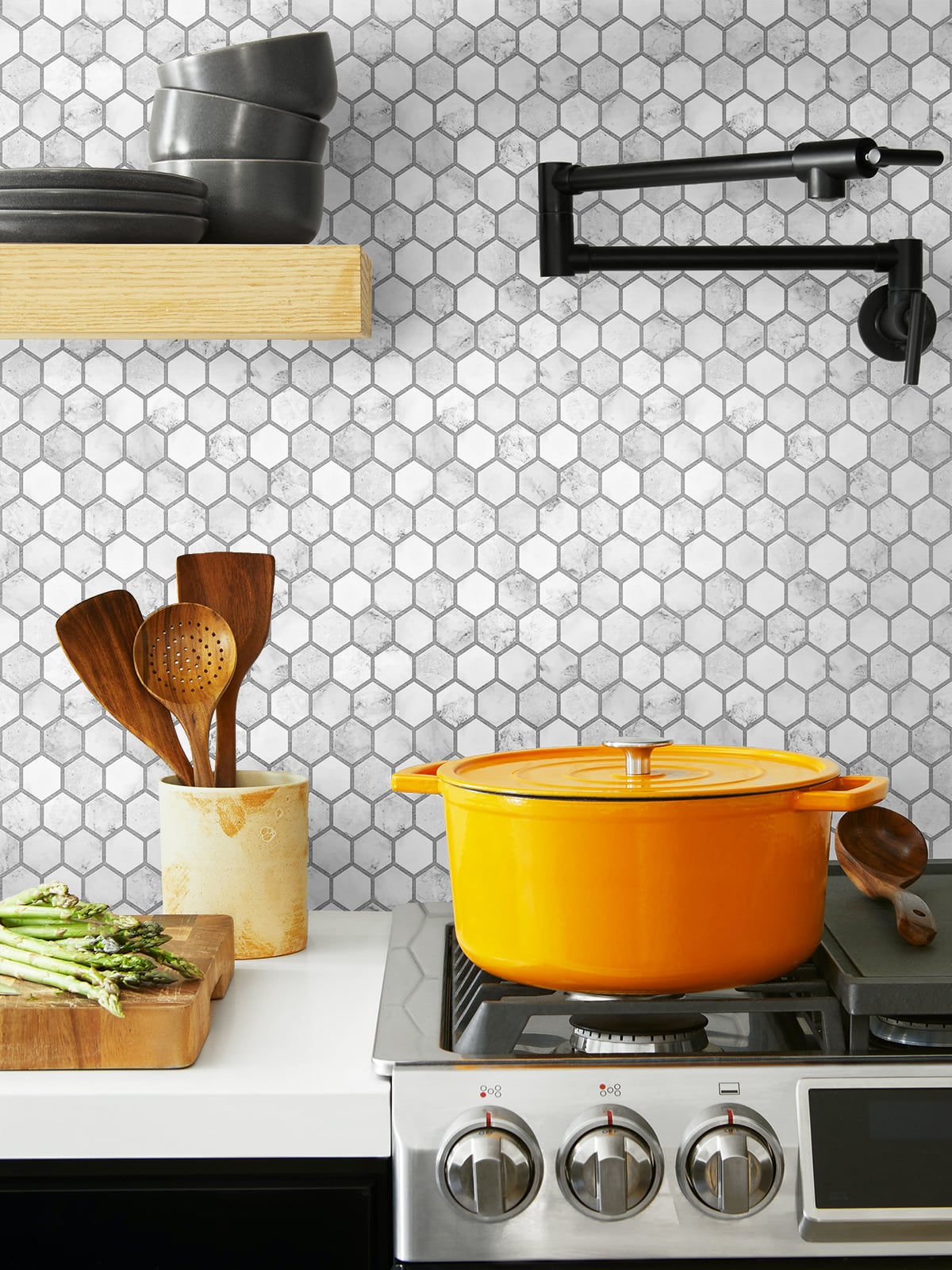 Marble Hexagon Carrara & Argos Grey by NextWall Peel & Stick Hexagon Tile Peel & Stick Wallpaper – NextWall NW38710