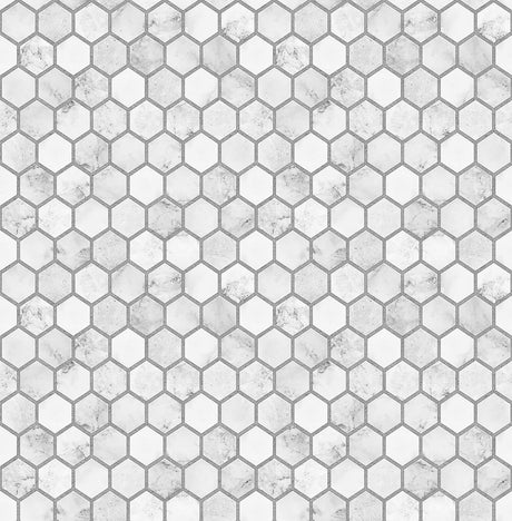 Marble hexagon tile peel and stick wallpaper in carrara white and argos grey