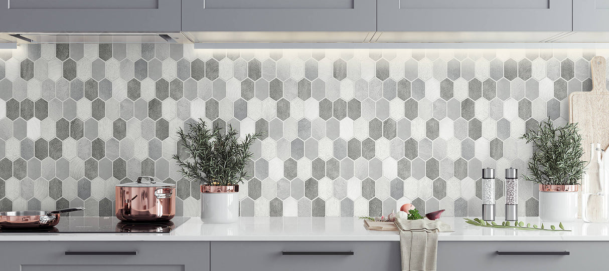 Brushed Hex Tile Icy Grey & Nickel by NextWall Peel & Stick Metallic Hex Tile Peel & Stick Wallpaper – NextWall NW38803