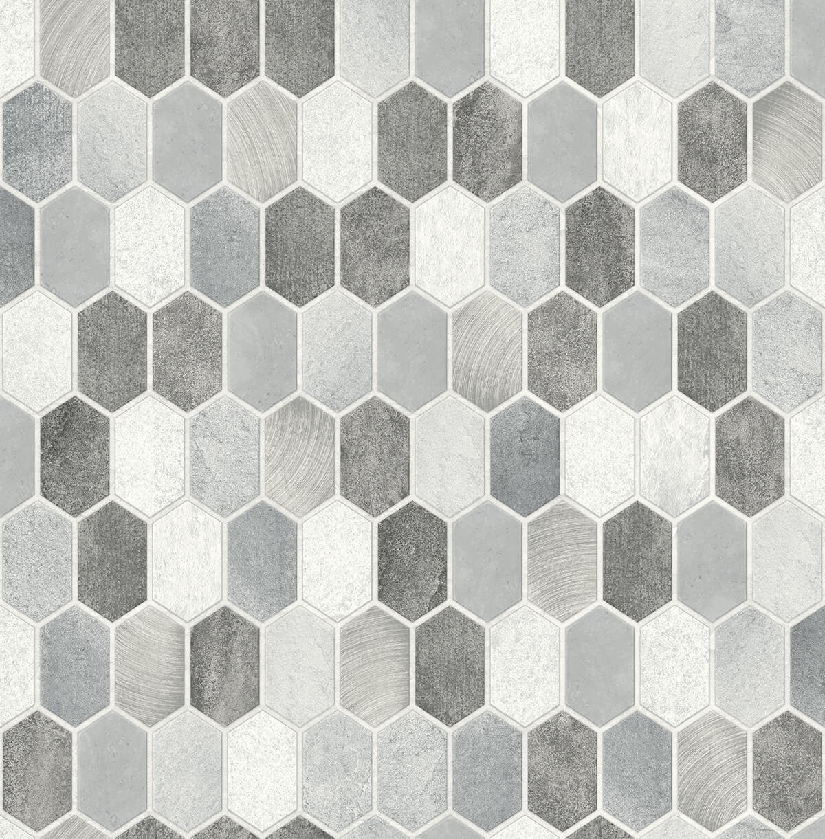 Brushed hex tile pattern peel and stick wallpaper in icy grey and nickel with a metallic finish