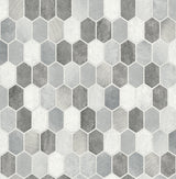 Brushed hex tile pattern peel and stick wallpaper in icy grey and nickel with a metallic finish