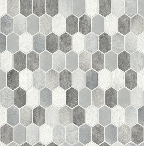 Brushed hex tile pattern peel and stick wallpaper in icy grey and nickel with a metallic finish