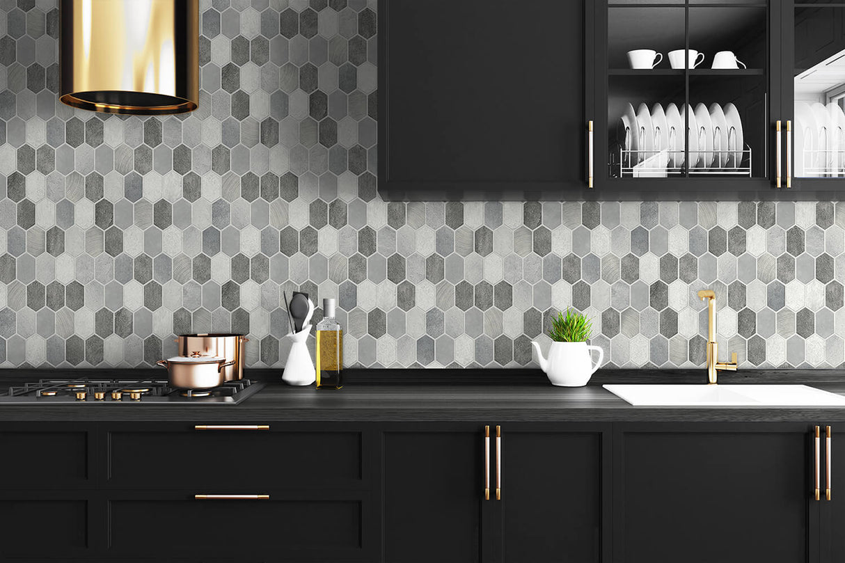 Brushed Hex Tile Pavestone & Chrome by NextWall Peel & Stick Metallic Hex Tile Peel & Stick Wallpaper – NextWall NW38805