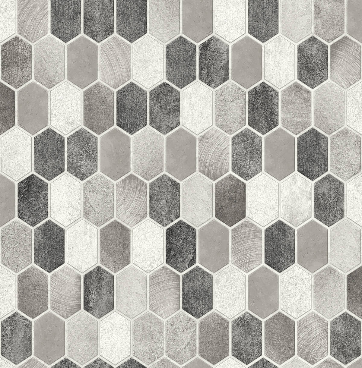 Brushed hex tile peel and stick wallpaper pattern in pavestone and chrome metallic tones