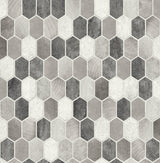 Brushed hex tile peel and stick wallpaper pattern in pavestone and chrome metallic tones