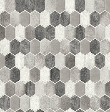 Brushed hex tile peel and stick wallpaper pattern in pavestone and chrome metallic tones