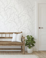 Delicate Branches Metallic Silver by NextWall Peel & Stick Botanical Branches Wallpaper – NextWall NW39008