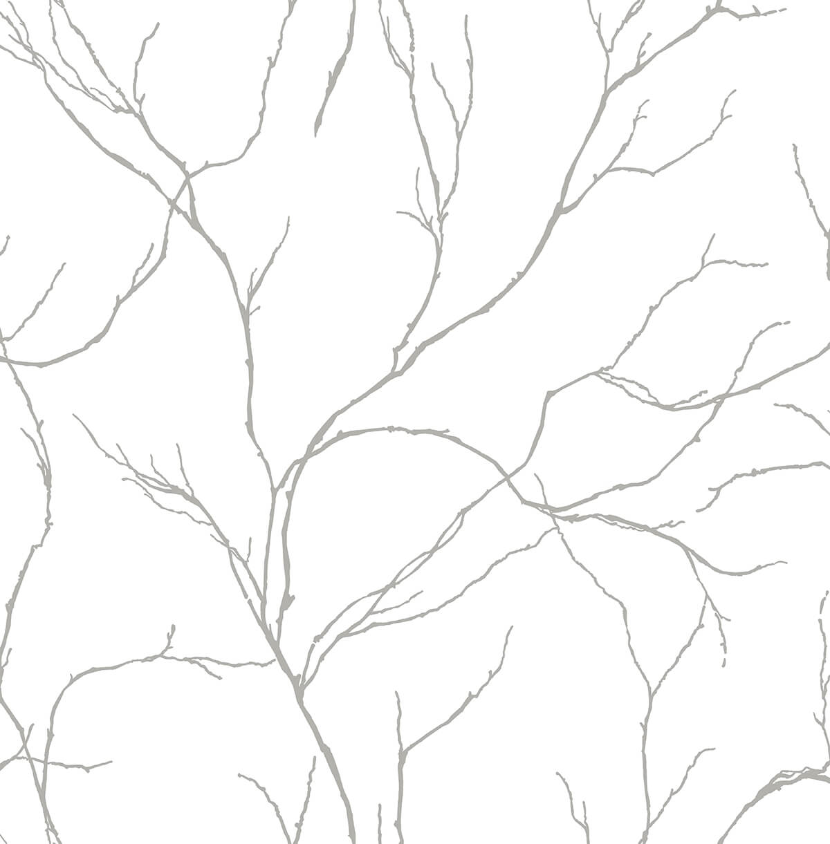 Delicate Branches peel and stick wallpaper in metallic silver branch pattern