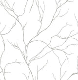 Delicate Branches peel and stick wallpaper in metallic silver branch pattern