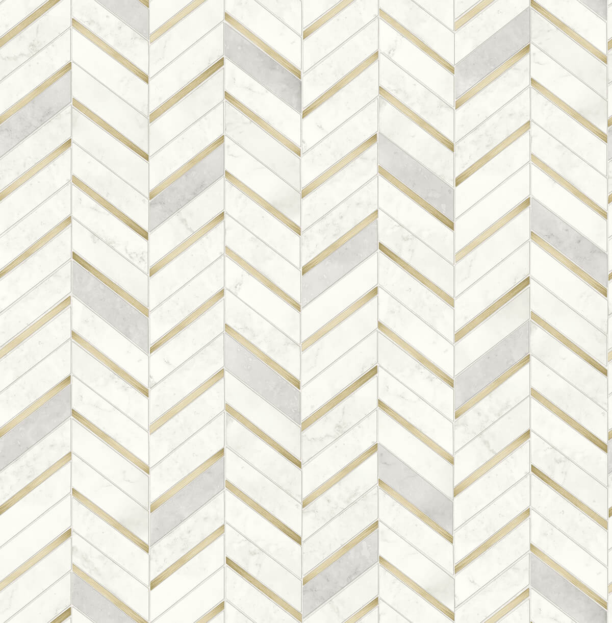Chevron marble tile peel and stick wallpaper in pearl gray and white with metallic gold accents.