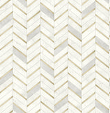 Chevron marble tile peel and stick wallpaper in pearl gray and white with metallic gold accents.