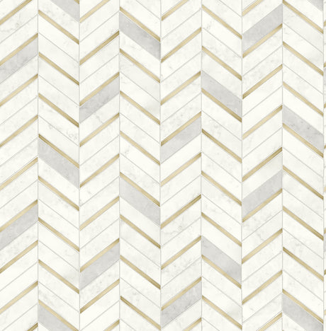 Chevron marble tile peel and stick wallpaper in pearl gray and white with metallic gold accents.