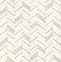 Chevron marble tile peel and stick wallpaper in pearl gray and white with metallic gold accents.