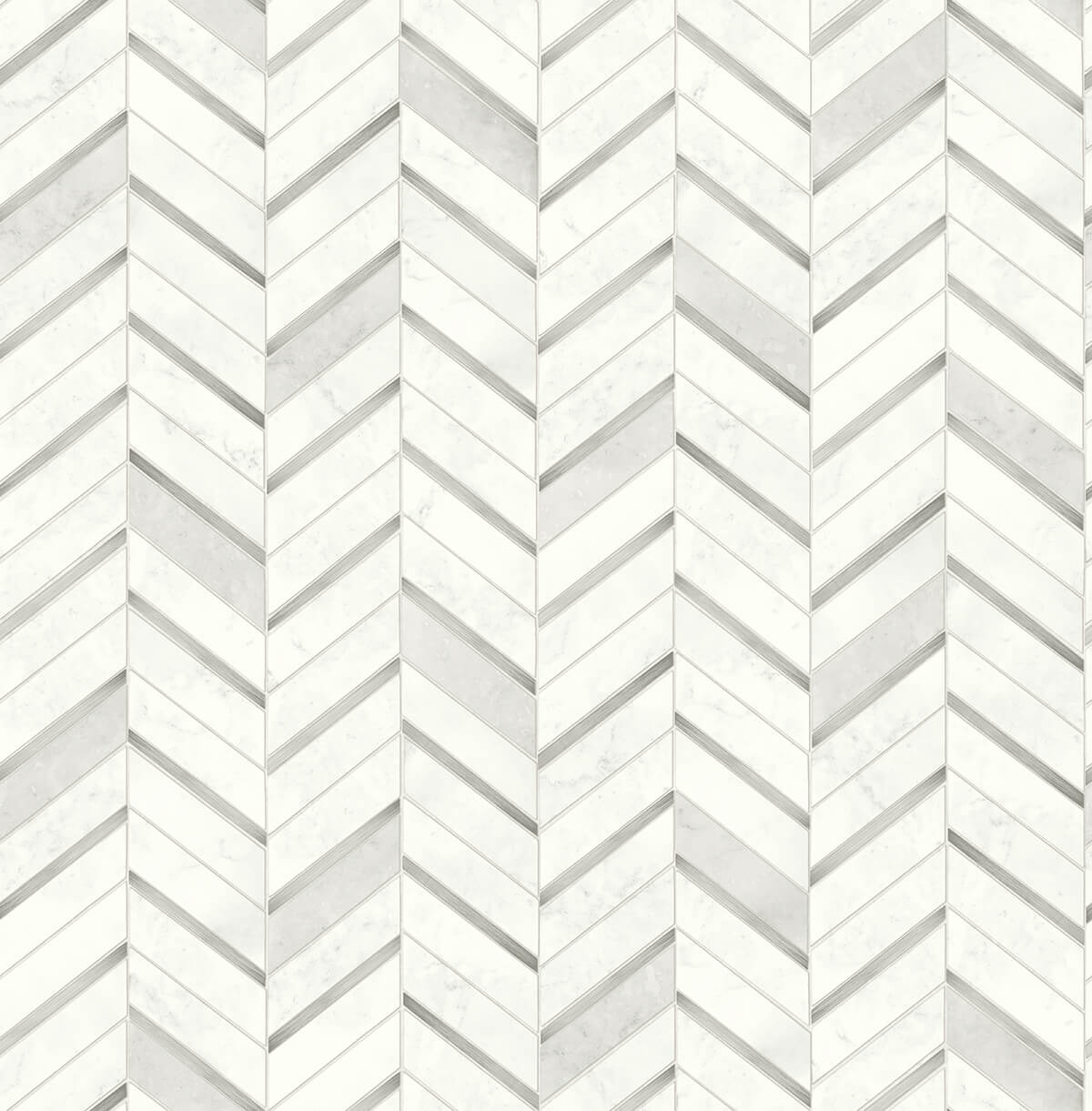 Chevron marble tile peel and stick wallpaper in metallic silver and pearl gray chevron pattern